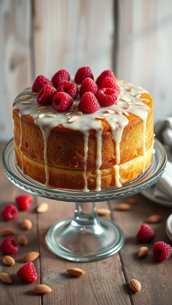 A moist raspberry almond cake topped with fresh raspberries and almond glaze on a rustic wooden table.